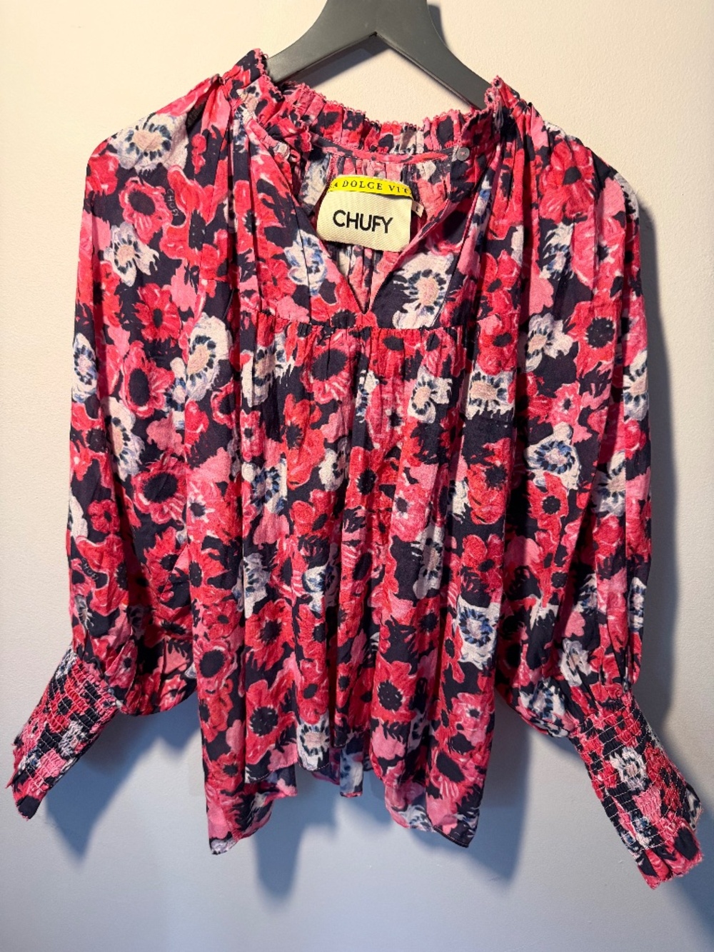 Sz L Chufy "La Dolce Vita" Floral Smocked Balloon Sleeve Blouse